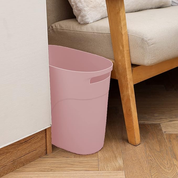 JiatuA Plastic Small Trash Can Slim Waste Basket with Handles 3.2 Gallon Narrow Garbage Container Bin for Bathroom, Bedroom, Kitchen, Home Office Under Desk, Dorm, Laundry Room, Kids Room, Pink