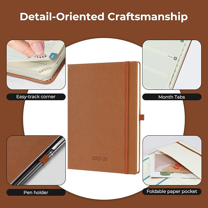 Weekly Monthly 2025-2026 Planner (July 25-Dec 26),11.5"x8.5",18 Months Agenda Plan with Month Tabs & Pocket,Expenses/Note Pages, Academic Calendar with Vegan Leather Cover,Brown