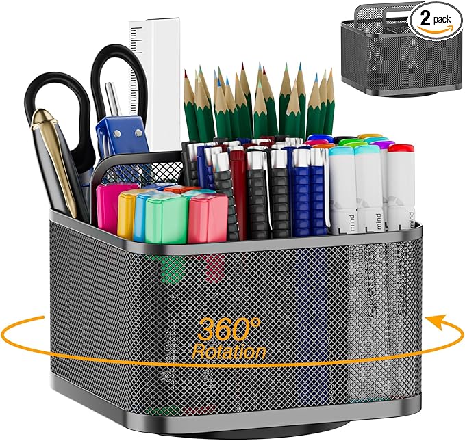 LUCYCAZ 360 Rotating Metal Pencil Pen Holder for Desk, Rotating Pencil Cup with 5 Slots, Dual-Purpose Desk Pen Organizer for Office, School, Home, Square