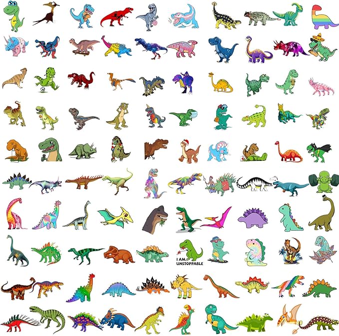 100PCS Dinosaur Stickers, Cute Waterproof Cartoon Stickers for Kids, Teaching Rewards, Dino Party Favourites, Stocking Stuffers for Kids Boys Girls Toddlers Teens