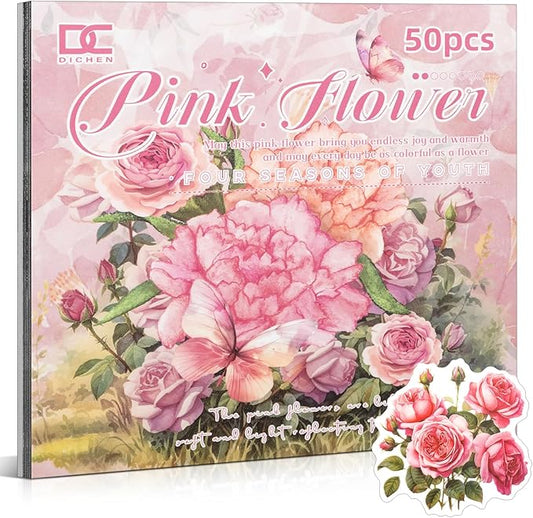 Pink Flower Theme Sticker Scrapbooking Supplies for Junk Journal 50 Sheets, Include 25 PET Stickers and 25 Paper of Scene Material Paper - Vintage Journaling Stickers (TZ-006-005)