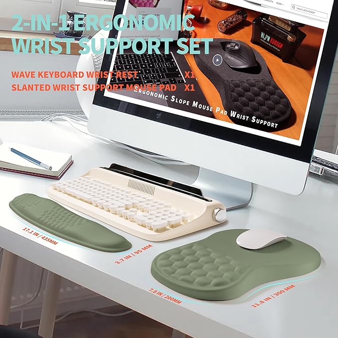 2-in-1 Ergonomic Set, Wave Rise Keyboard Wrist Rest and Massage Bulge Slope Mouse Pad Wrist Support, Cushion Memory Foam Integrated to Relieve Wrist Pain, Olive Green