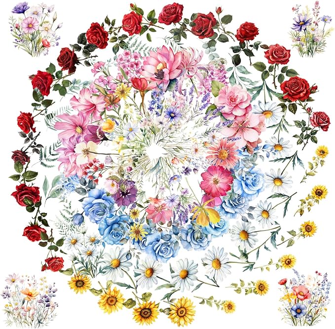 100 Pcs Natural Flower Stickers for Scrapbooking Junk Journal Notebook Planner Card Making Collage Envelope Water Bottle Phone Case Craft, Rose, Daisy, Lavender, Sunflower, Wildflower Stickers