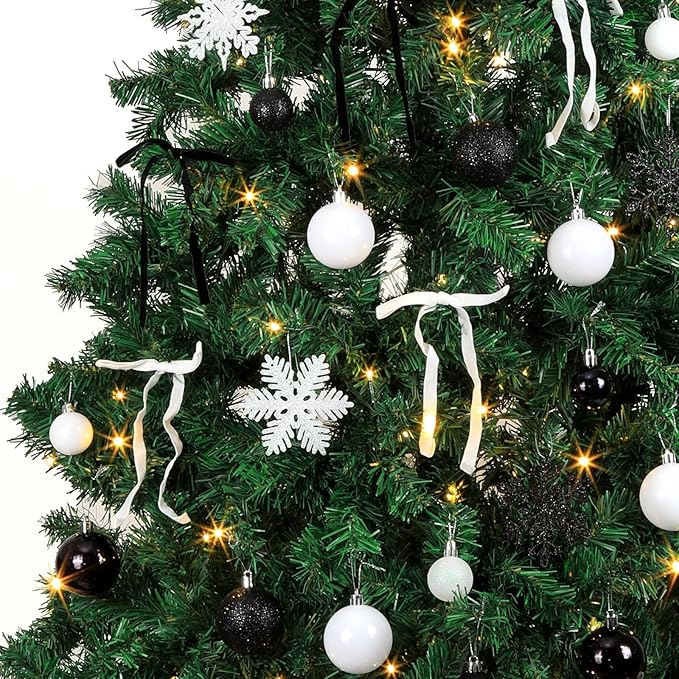 86Pcs Led Light Black and White Christmas Tree Decorations Set 100 Led Light Christmas Star Trees Topper with String Lights Xmas Balls Snowflakes Ornaments Bows Xmas Trees Decor 20m Light String