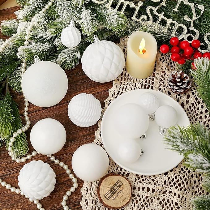Christmas Balls Ornaments -36pcs Shatterproof Christmas Tree Decorations with Hanging Loop for Xmas Tree Wedding Holiday Party Home Decor,6 Styles in 3 Sizes(White)