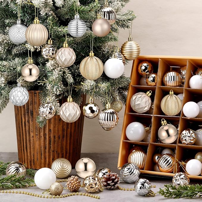 64 Pcs Christmas Ball Ornaments Champagne Gold Silver White Xmas Ornaments Sets 1.6/1.97/2.4 Inch Shatterproof Glitter Xmas Balls Assorted Holiday Neutral Modern Christmas Decor for Tree Home