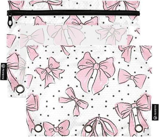 Cute Bows Pink Pencil Pouch for 3 Ring Binder, 2 Pack Waterproof Pencil Bags Clear Window Zipper School Office Supplies