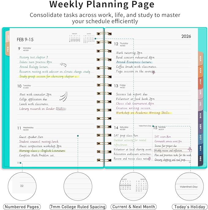 RETTACY 2026 Planner, Weekly and Monthly, Medium Size (5.7" x 8.3"), Jan - Dec 2026, Agenda, Calendar, 12 Month Tabs, Flexible Plastic Cover, 100 GSM Thick Paper, Spiral-bound (Tiffani Blue)