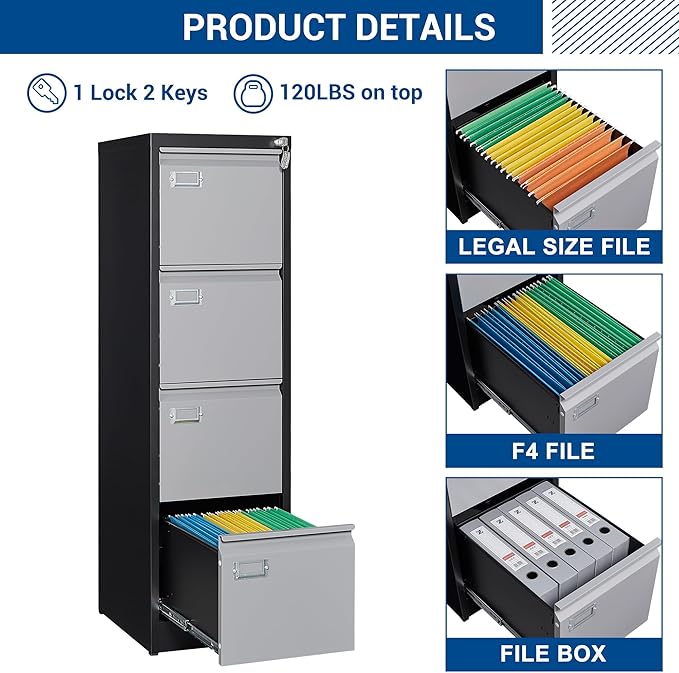 File Cabinets - 4 Drawers Vertical 17.8" Deep Lockable Filing Cabinet - Black & Gray Metal Storage Cabinets for Home Office to Hanging Files Letter/Legal/F4/A4 Size