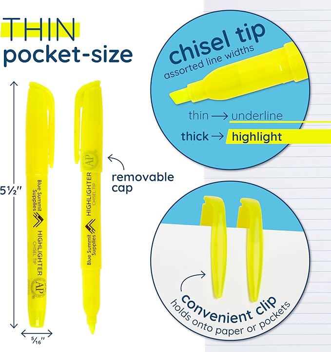 Blue Summit Supplies 100 Pack Chisel Tip Yellow Highlighters Bulk Classroom, Pocket Thin Highlighters Yellow Bulk for Adults and Kids Highlighting in Home, School, or Office, Quick Dry
