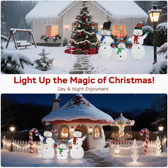 62"/60"/35" Large 3D Pop-Up Snowman Set, Lighted Snowman Family Outdoor Christmas Decor with 250 Warm White LEDs, Ground Stakes, Holiday Lawn Yard Garden Decorations, Set of 3