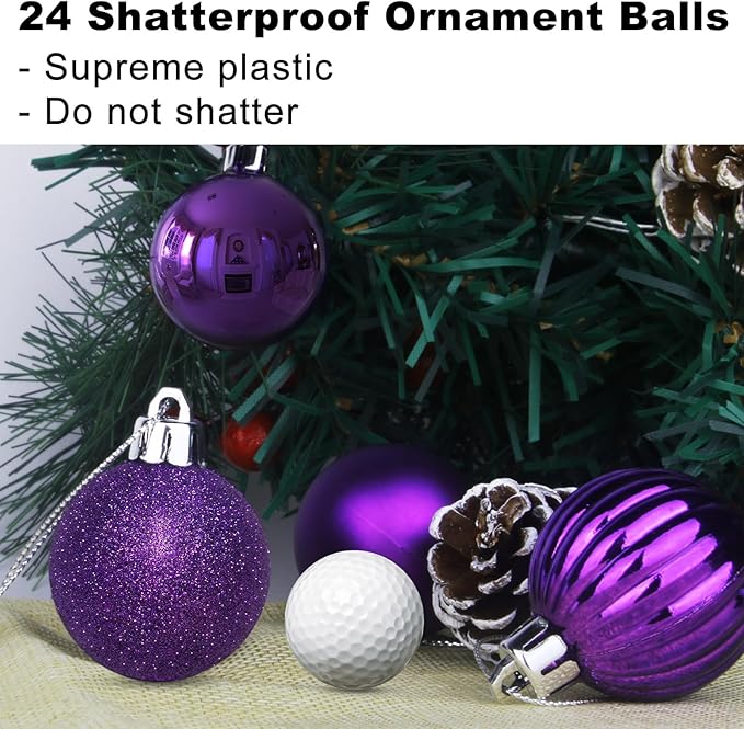 GameXcel 24Pcs Christmas Balls Ornaments for Xmas Tree - Shatterproof Christmas Tree Decorations Medium Hanging Ball Purple 2.5in x 24 Pack