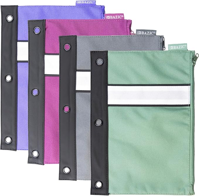 BAZIC Pencil Pouch 3 Ring Binder Pouch w/Rivet Enforced Rings Holes, Zipper Pouches Bag, Assorted Color, 4-Pack