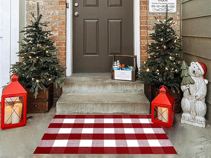 Ckorzen Red and White Plaid Rug, 28" x 43" Christmas Front Porch Outdoor Rug, Handwoven Cotton Washable Rug for Layered Door Mats, Holiday Entryway and Home Décor