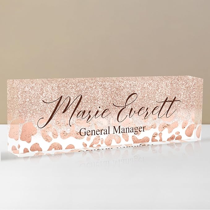 Personalized Name Plate for Desks, Custom Desk Name Plates, Acrylic Name Plate Office Desk Accessories, Personalized Office Gifts for Coworkers Teachers, Employee Appreciation Gifts (B-Leopard Print)