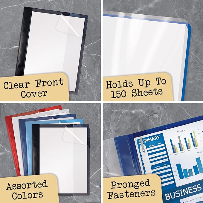 Better Office Products Ultra Durable Clear Front Report Covers, 25 Per Box, Letter Size, Assorted Colors, Poly Back Cover, with Fasteners, Lay Flat, Box of 25