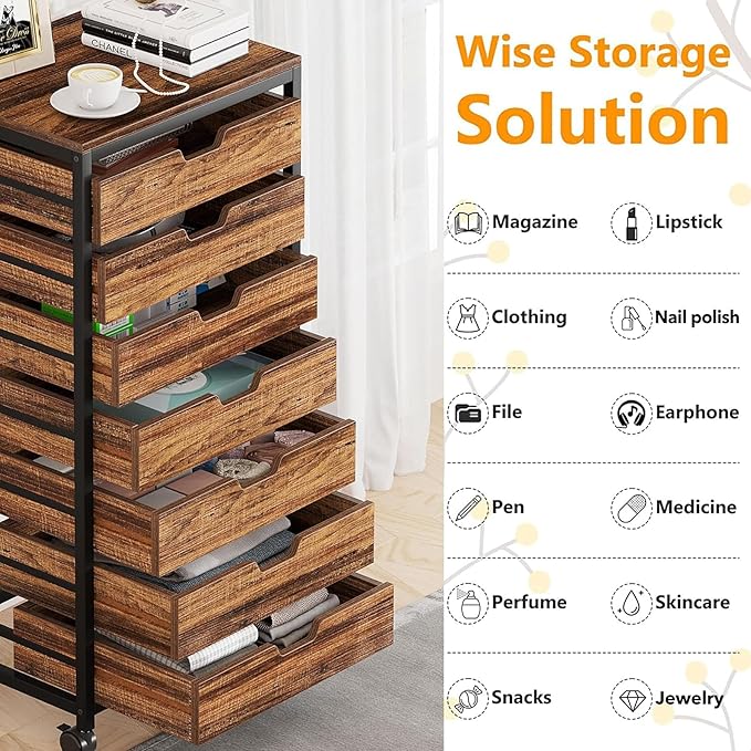 Tribesigns 7 Drawer Chest, Wood Storage Dresser Cabinet with Wheels, Industrial Storage Drawer Organizer Cart for Office Bedroom Entryway (Rustic Brown, 1 PC)