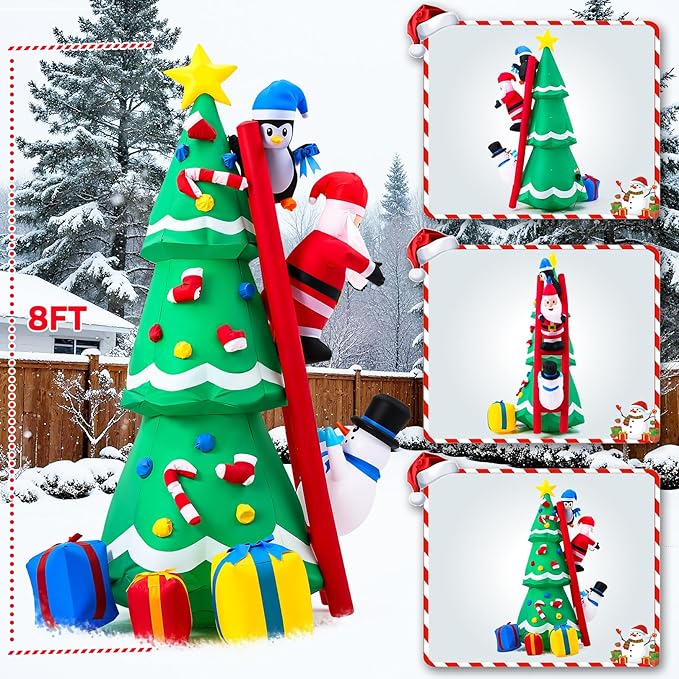 8FT Christmas Inflatable Decorations, Santa Climbing Ladder to Christmas Tree, Outdoor Christmas Blow up Yard Decor with LED Lights Star Treetop for Holiday Party Garden Patio Display Hall Lawn