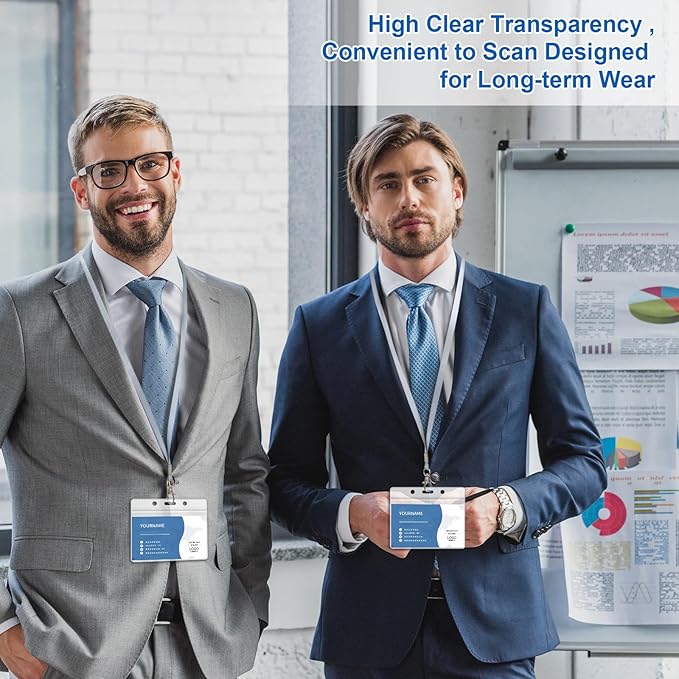 100 Pack Lanyards for ID Badges with Clear Name Tags, Reusable Lanyards Horizontal ID Card Badge Holders Plastic Name Badges for Men Women Kids Business School and Office Supplies (Gray)