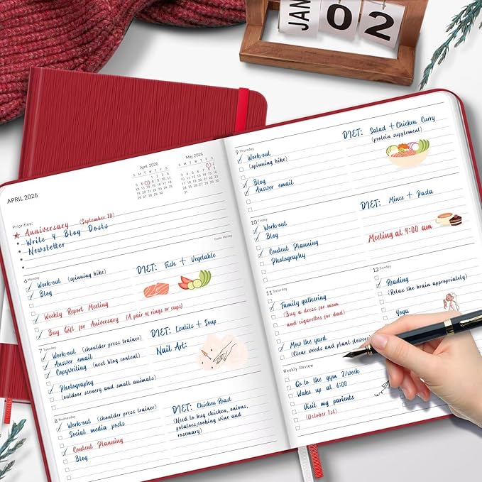 2026 Planner, Large Weekly and Monthly Planners, A4 Faux Leather Daily Calendar 2026 Planner, 12 Month Agenda from Jan. to Dec., Hardcover Habit Tracker Journal(Red)