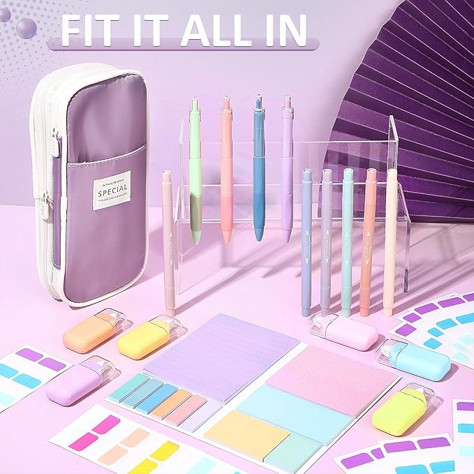 Janlaugh 38 Pcs Aesthetic College School Supplies with Pen Case Sticky Notes Gel Pens Highlighters Correction Tapes Back to School Stationery Kit(Candy Color,Cute)