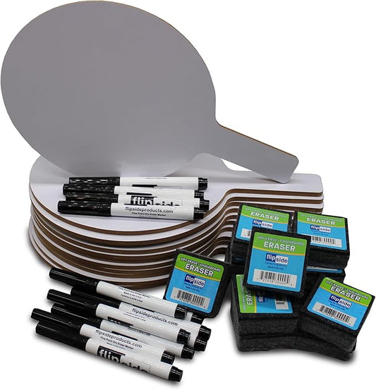 Flipside Products Oval Dry Erase Answer Paddles w/Black Dry Erase Marker and Erasers, Auction, Handheld Whiteboard, Handle Response Board, 36 Pieces, Set of 12