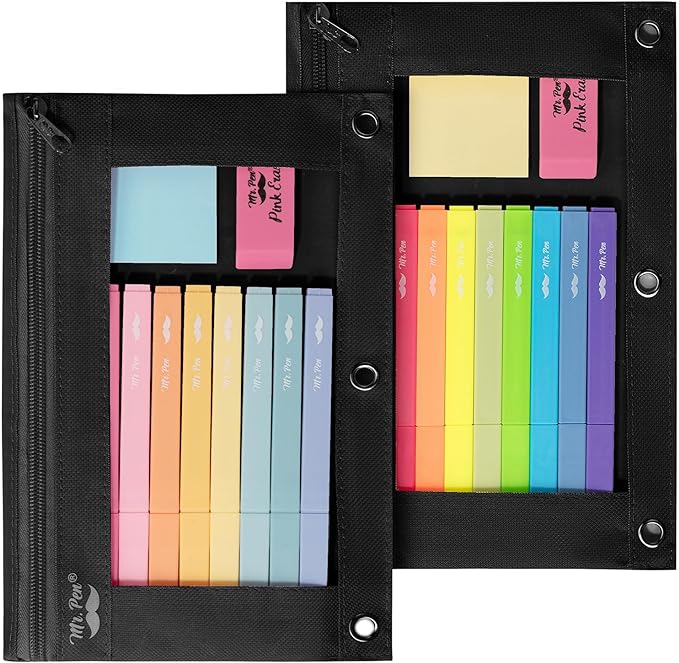 Mr. Pen Fabric Pencil Pouch with 3 Binder Holes, Black, Set of 2