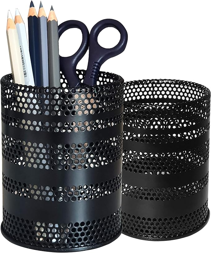 Metal Mesh Pen Pencil Cup Holder Stand Office Desk Organizer Stationery Caddy, Black (2 Pack)