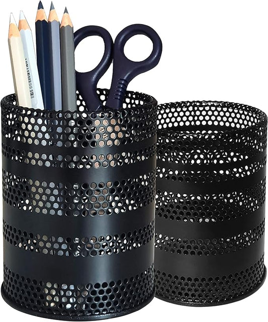 Metal Mesh Pen Pencil Cup Holder Stand Office Desk Organizer Stationery Caddy, Black (2 Pack)