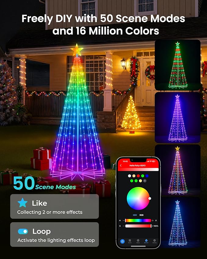 Brightown Smart Christmas Cone Tree LED Lights, 7.5ft 295 Music Sync with Remote APP and Local Control, Pattern Text Displayable, 16 Million Colors Light Show for Indoor Outdoor Decorations