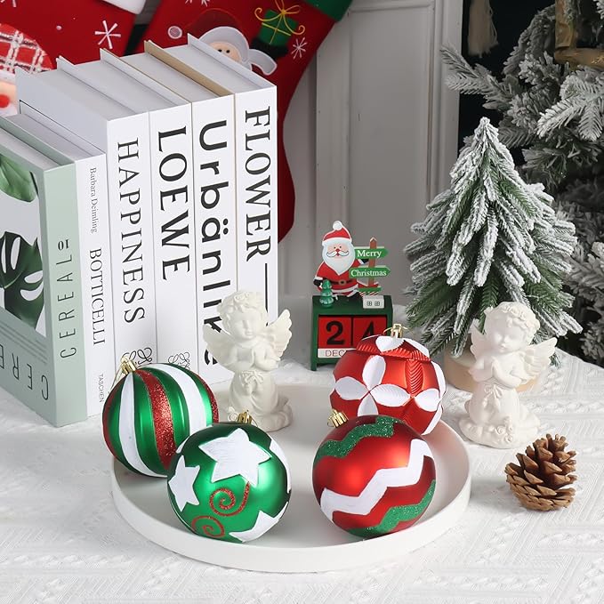 4 Inch Red Green White Christmas Ornaments, 12Pcs Large Shatterproof Christmas Bulbs Ornaments, Big Christmas Balls Hanging Decorations for Christmas Trees Holiday Parties Malls (Red & Green & White)