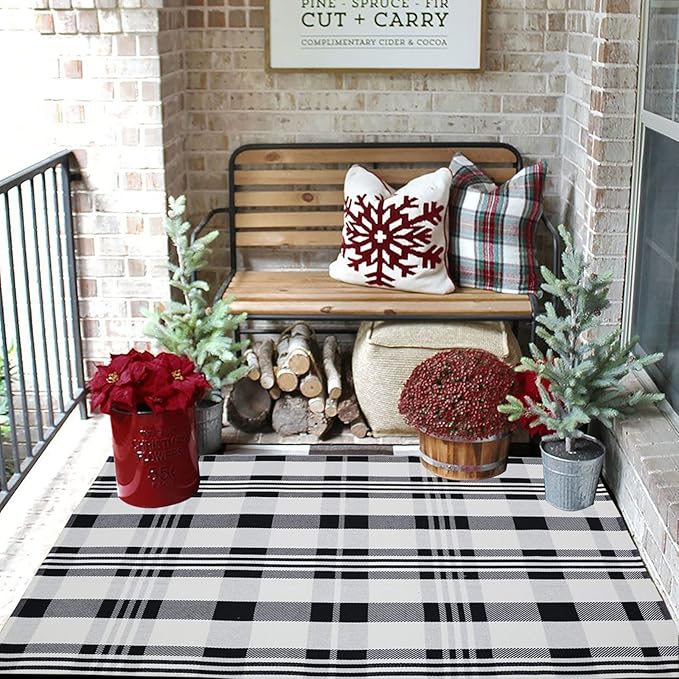 Fall Décor Plaid Rug, 3' x 5' Black&White Check Indoor/Outdoor Area Rug, Layering Rug for Hello/Welcome Door Mat, Machine Washable Cotton Woven Rugs for Farmhouse Front Porch, Entryway