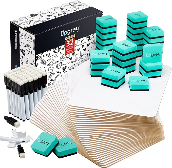 Dry Erase Lapboards 32 Pack, Double-Sided Small White Board for Classroom Student, 9"x12" Portable Dry Erase Board Bulk, Mini Whiteboard with 36 Pens, 36 Erasers & 36 Pen Holders, for Teacher Supplies