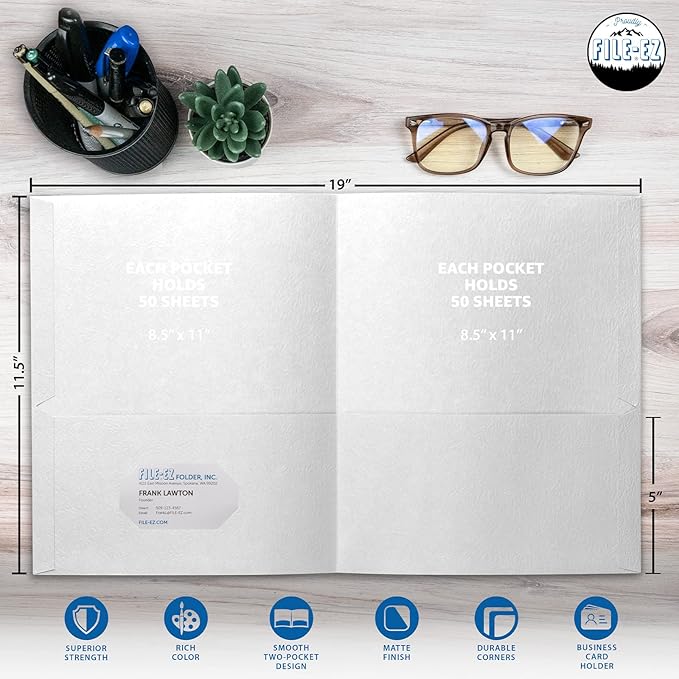 FILE-EZ Two-Pocket Folders, White, 25-Pack, Textured Paper, Letter Size (EZ-32510)