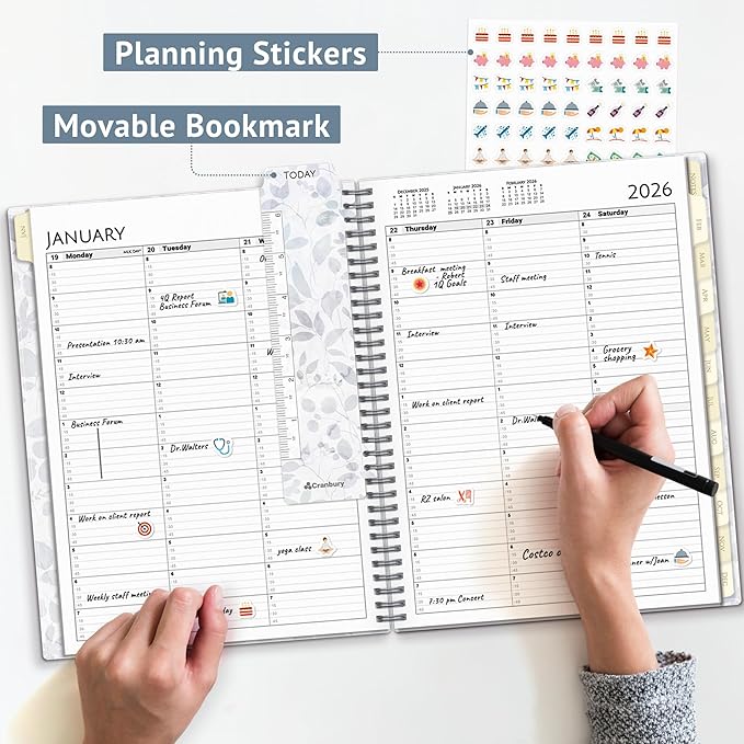 CRANBURY Daily Planner 2026, 8.5x11 Appointment Book, Jan to Dec 2026, 15-Min Hourly Scheduler, Large Planner Book with Colorful Tabs, Premium Paper (Floral)