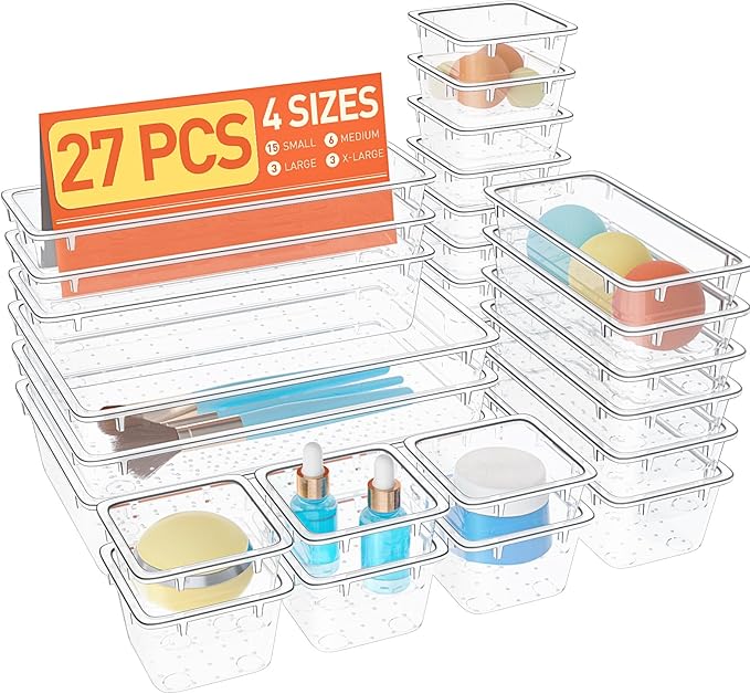 27 PCS Clear Plastic Drawer Organizers Set, 4-Size Versatile Bathroom and Vanity Drawer Organizer Trays, Storage Bins for Makeup, Bedroom, Kitchen Gadgets Utensils and Office