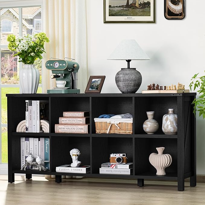 8 Cube Book Shelf, Farmhouse Wood Long Storage Organizer Bookcase, 62" Horizontal Black Console Closet Bookshelf, Hallway TV Stand for Entryway, Display Cabinet Book Case for Living Room