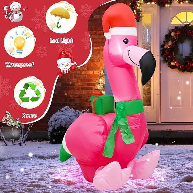 4FT Christmas Inflatable Flamingo Blow up Christmas Decoration Built-in LEDs Indoor Outdoor Yard Graden Party Holiday Decor