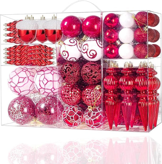 123pcs Christmas Ball Ornaments Set, Shatterproof Plastic Balls for Classic Xmas Decorations, Hanging Ornaments for Christmas Tree, Holiday, Bridal, Home Party, Red and White