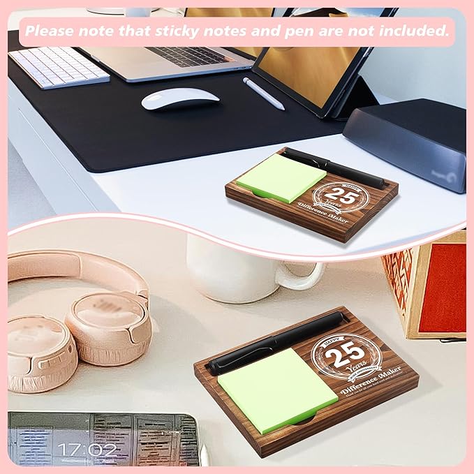 25th Work Anniversary Sticky Note Holder Wooden Notepad & Pen Holder 6.5" x 4.7" Sticky Note Pad Holder Dispenser for Desk Difference Maker Work Appreciation Gifts, NPA231