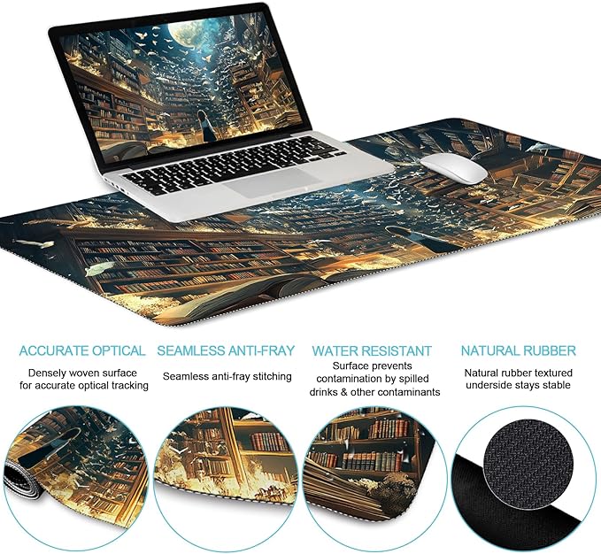 Anime Book Mouse Pad Set Large Desk Matt for Desktop, Ergonomic Mouse Pad with Wrist Rest, Gaming Mousepad Wrist Support Keyboard Mat Cup Coaster Set Cute Desk Accessories for Women Girl