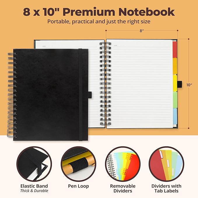 Hardcover Leather Lined Spiral Notebook 8x10" with Removable Dividers - Black - 300 Pages 5 Subject College Ruled Notebook for Work with Tabs, Pockets, and Pen Loop for Note Taking, Large Journal