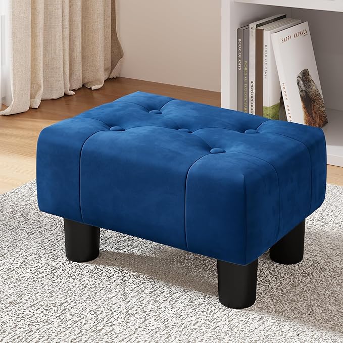 LUE BONA Small Tufted Foot Stool, Velvet Ottoman Elegant Foot Stools Ottoman with Plastic Legs, 9''H, Rectangle Footstool for Adult with Non-Slip Pads,Foot Rest for Living Room,Couch, Navy Blue
