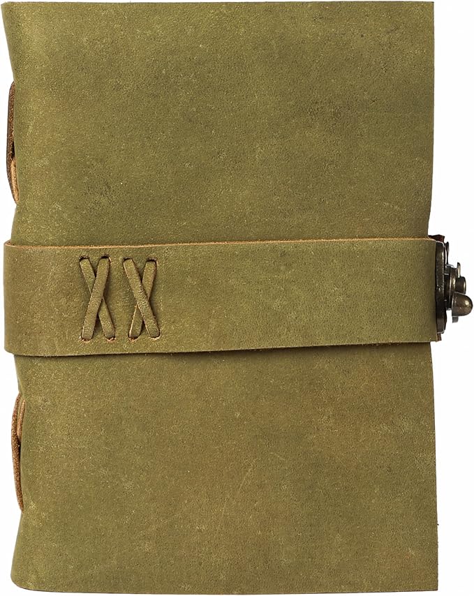 Vintage Leather Journal Handmade Buffalo Non-Refillable Deckle Edge Paper – Leather Bound Journal for Women Men Vintage C-Lock Closure Ideal for Writing & Travel for Artists (Green)