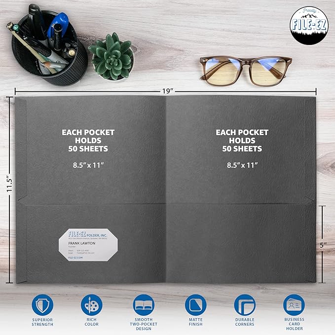 FILE-EZ Two-Pocket Folders, Dark Gray Color, 25-Pack, Textured Paper, Matte Finish, Letter Sheet Size (EZ-32531)