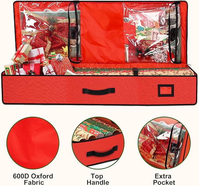 HikooLSS Wrapping Paper Organizer Storage Container 600D Heavy Duty Tear Proof for Holiday Christmas Gift Wrapping Storage with Flexible Partitions Storage Container for Ribbon, Accessories (Red)
