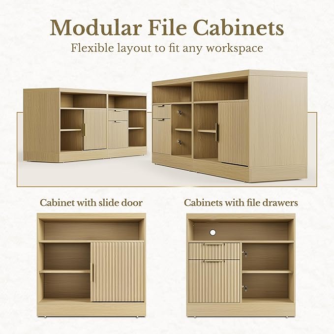 2 Drawer File Cabinet with Lock, 63'' Wood Lateral File Cabinet, Compatible Letter and A4 Size, Fluted Filing Cabinet for Home Office with AC/USB, Adjustable Storage Shelves, Light Walnut