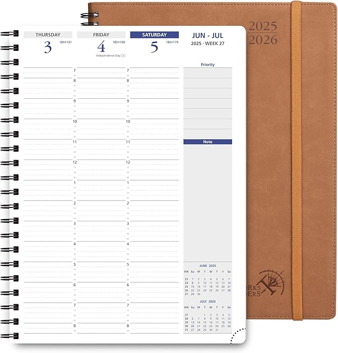 POPRUN 2025-2026 Academic Planner Spiral Bound, 8.5'' x 11.25'' Appointment Book (July 2025-June 2026) Quarter-Hourly Weekly Schedule, Leather Cover, Monthly Tabs, 2 Inner Pockets - Brown