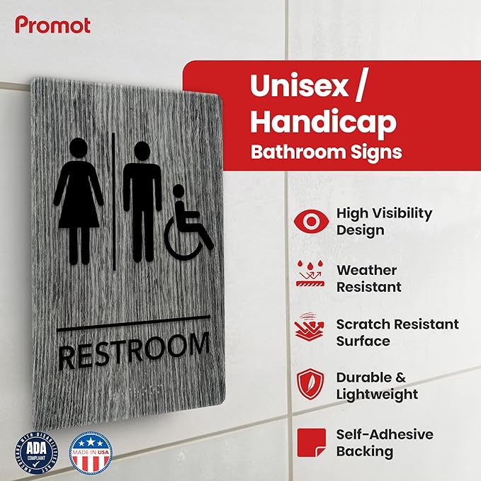 Promot Unisex Handicap Bathroom Sign – ADA Braille Restroom Sign for Business, Self-Adhesive, 9" x 6", Commercial Door Signage, Office Wall Decor - Classic Grey