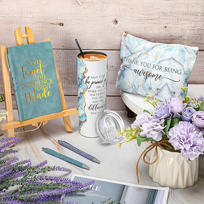 Domensi 6 Pcs Employee Appreciation Gift Set for Women Female Thank You Gift May You Be Proud 20 oz Rustic Marble Sign Tumbler Makeup Bag Journal for Teacher Nurse Lady Work Business(Blue)